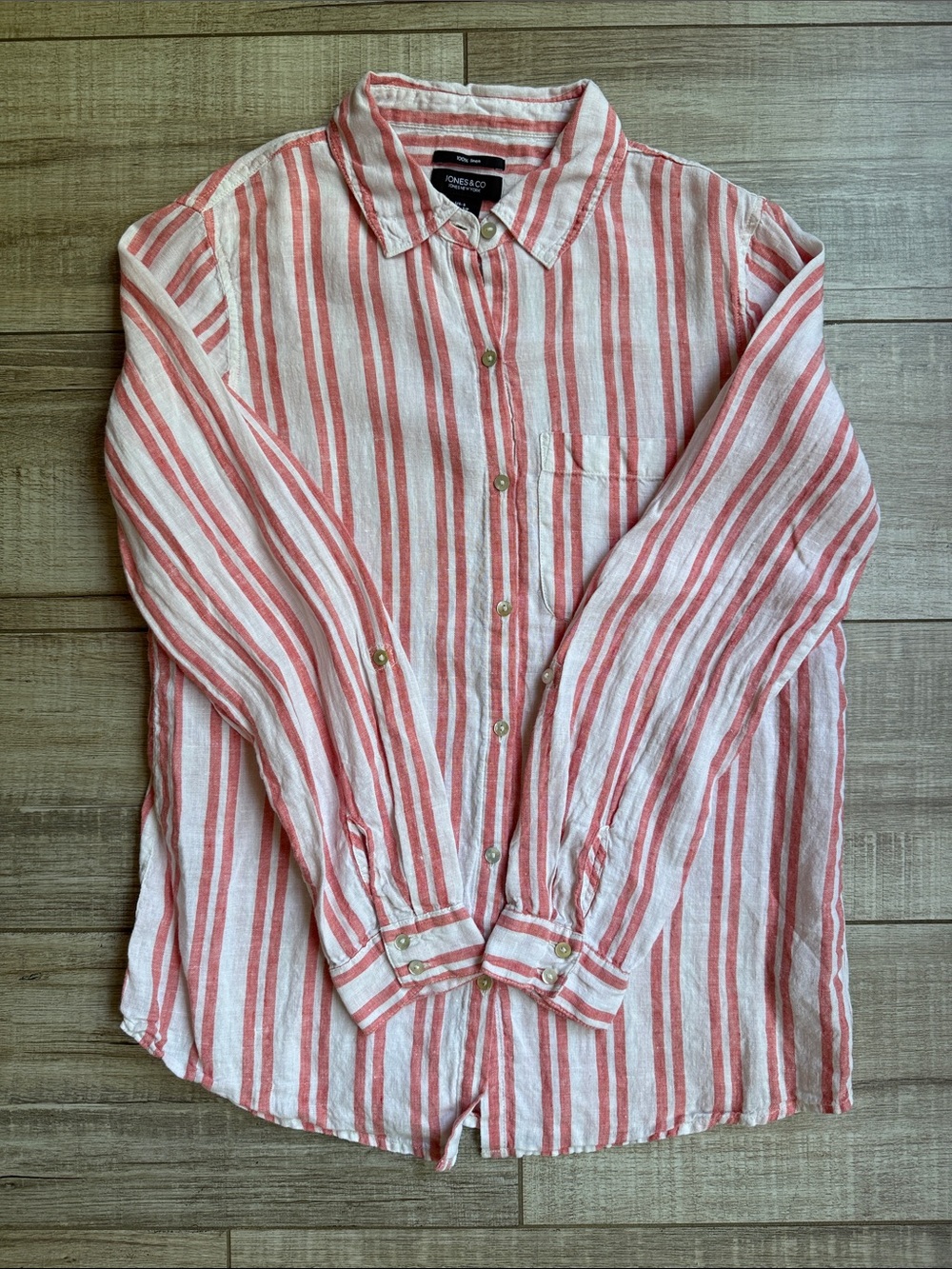 Jones New York 100% Linen Striped Button Down Shirt Women's S